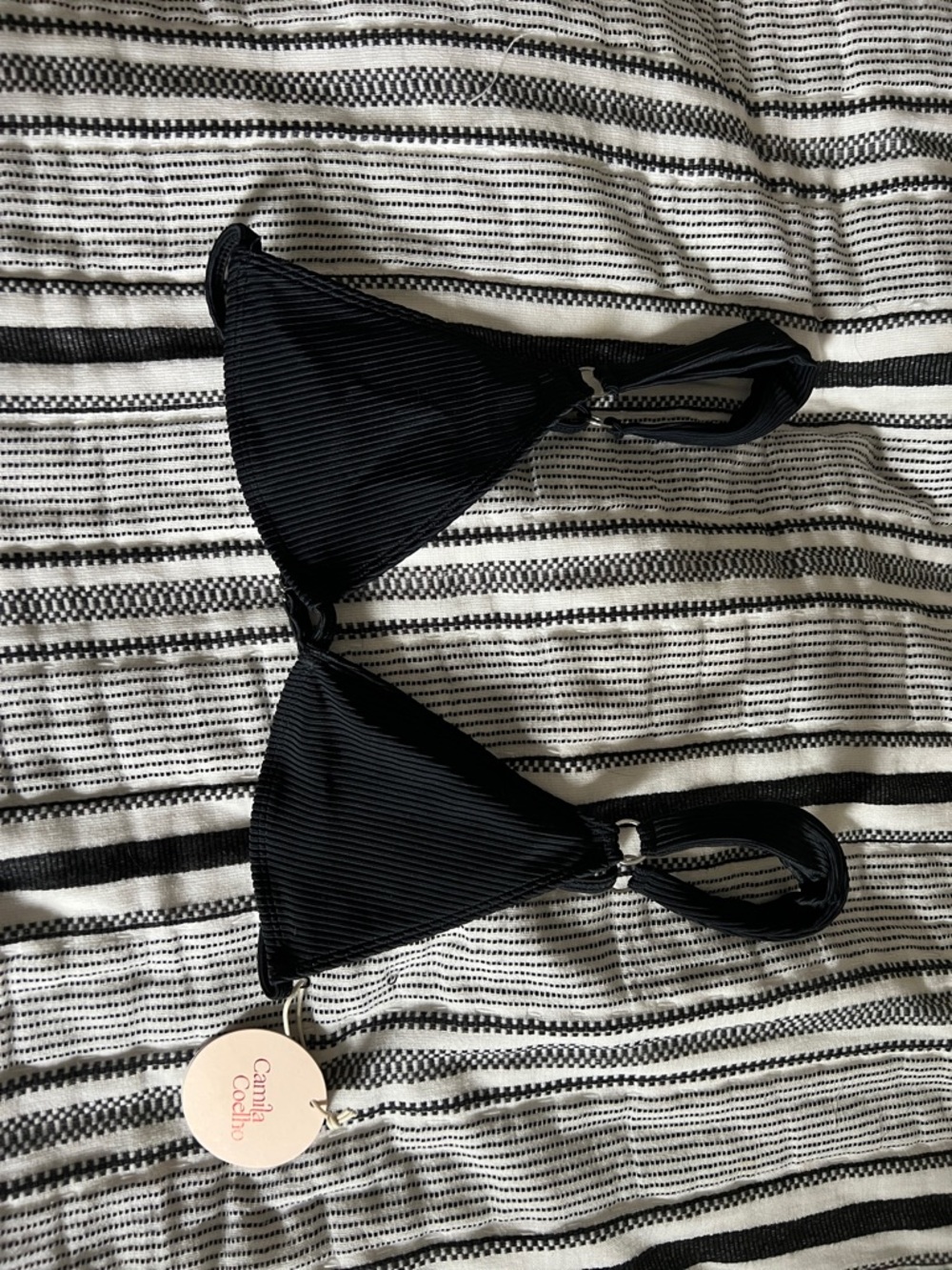 Camila Coelho Black Ribbed Triangle Bikini Top